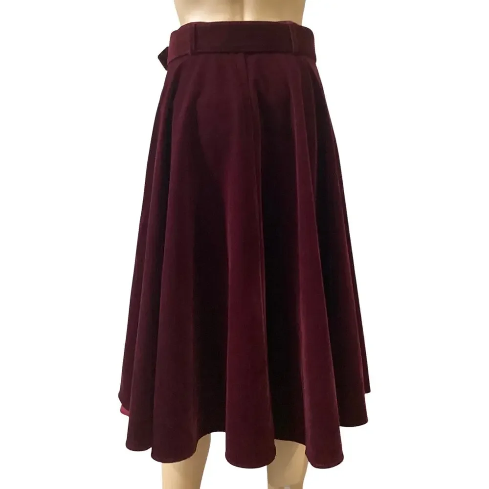 ModCloth collectif velvet swing skirt/A-Line belted midi skirt size S burgundy - Picture 2 of 9